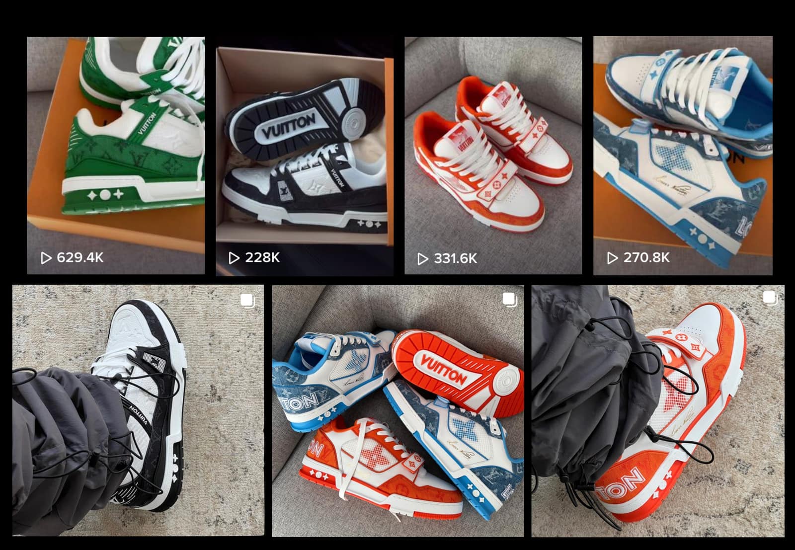Sete publicações do Lucas com as sneakers da Louis Vuitton. Quatro vídeos mostram as visualizações: 629,4K, 228K, 331,6K e 270,8K.